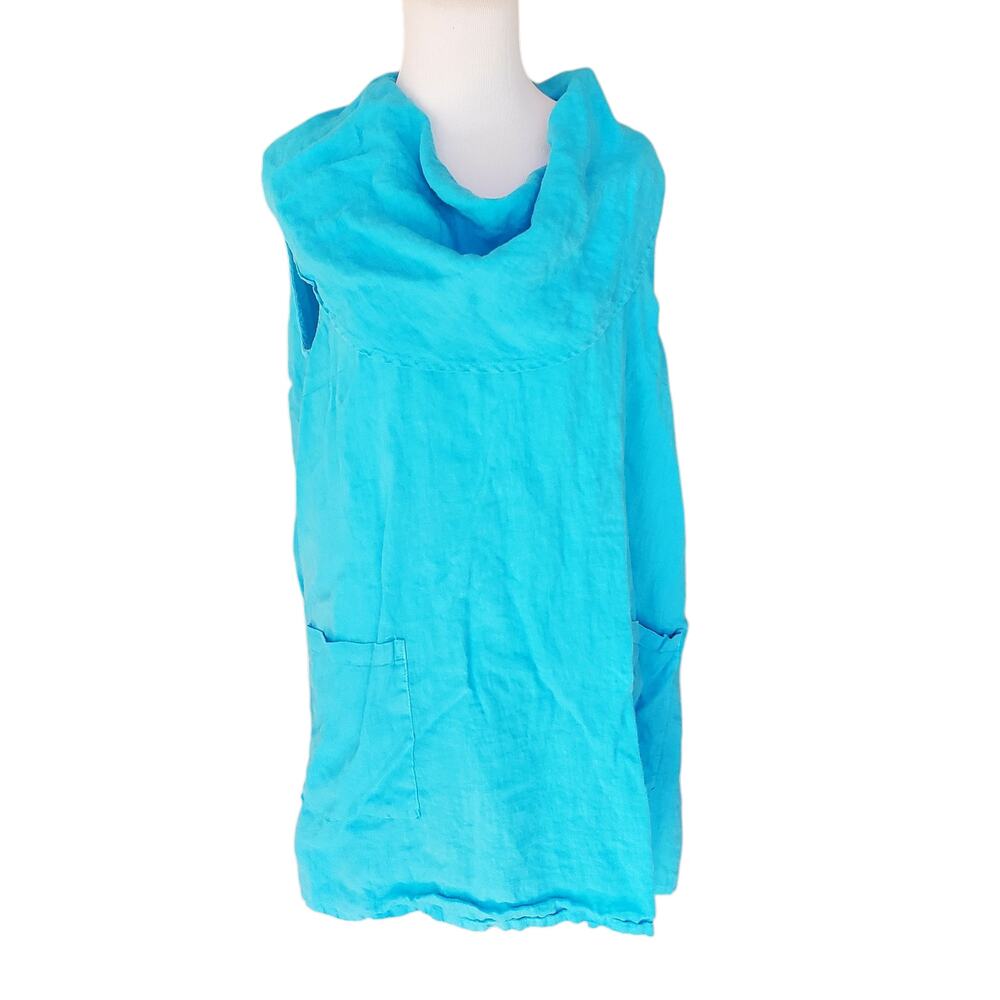 Camille & Co 100% Linen Blue Dress Oversized Pockets Lagenlook Cowl Neck